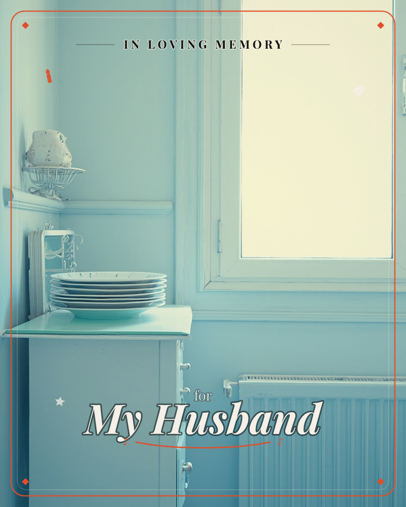 A quiet corner of a kitchen or scullery bathed in pale aqua light, where a stack of white plates rests on a painted cabinet beneath a bright window, a memory e-card design