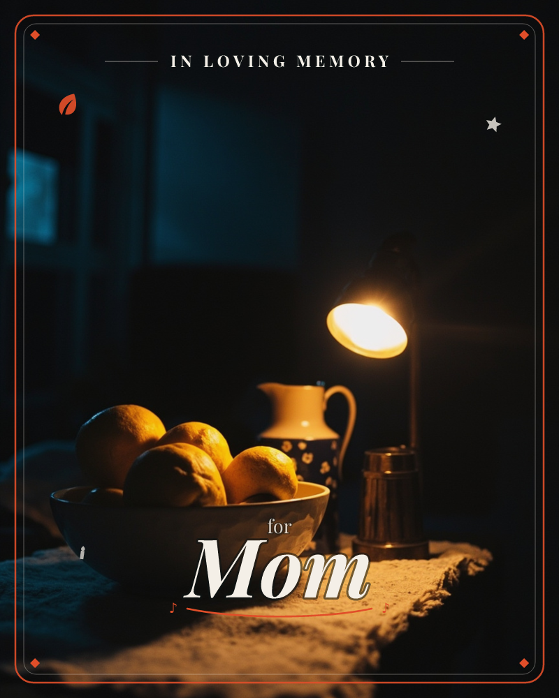A darkened room glows around a single desk lamp, its warm light pooling over a bowl of lemons, a small polka-dot jug and a metal canister set on a…, a memory e-card design