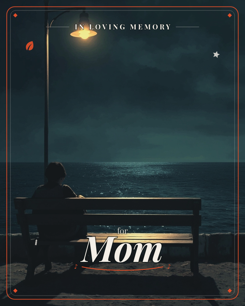A lone figure sits on a wooden bench beneath a single streetlamp, facing a dark, endless sea at night, a memory e-card design