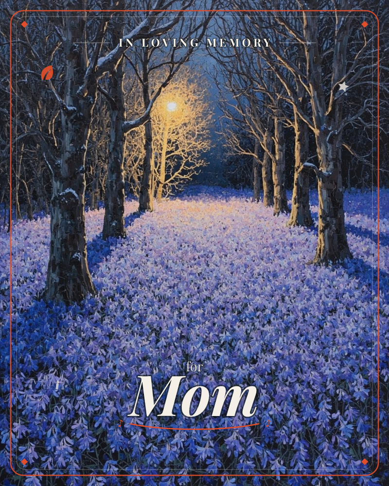 A single lamp glows deep in a bare winter wood, its warm light spilling down a path carpeted with pale violet-blue flowers, a memory e-card design