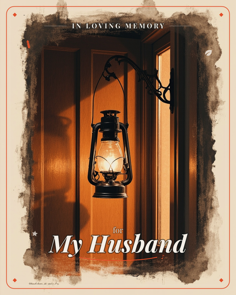 An old-fashioned lantern hangs from a curled iron bracket beside a wooden front door, its flame casting a warm glow across the panels and a narrow…, a memory e-card design