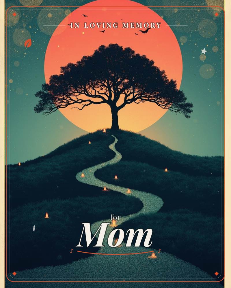 A lone tree crowns a grassy hill, its dark silhouette framed by an oversized glowing orange sun that fills the sky behind it, a memory e-card design