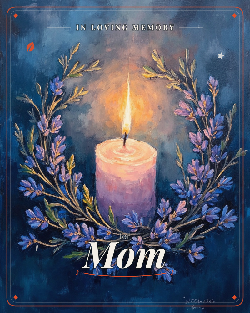 A single lavender-hued candle burns at the centre of the page, its flame glowing amber against a deep midnight-blue background, a memory e-card design