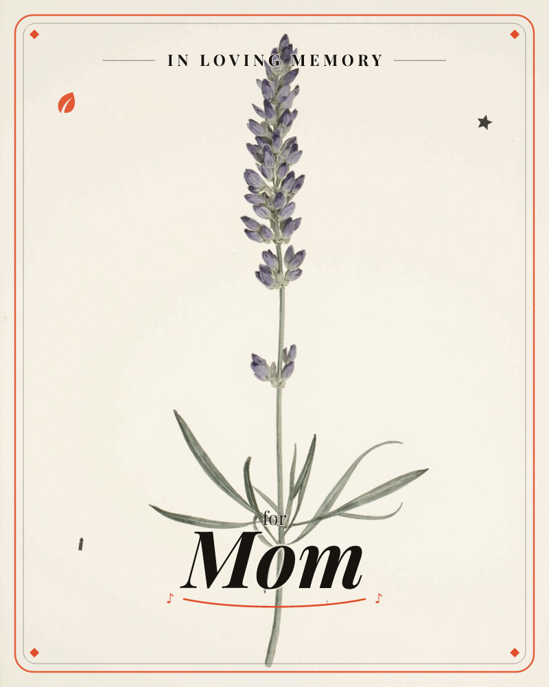 A single botanical stem rises against a plain cream background, its tall spike densely packed with small purple-blue florets, a memory e-card design