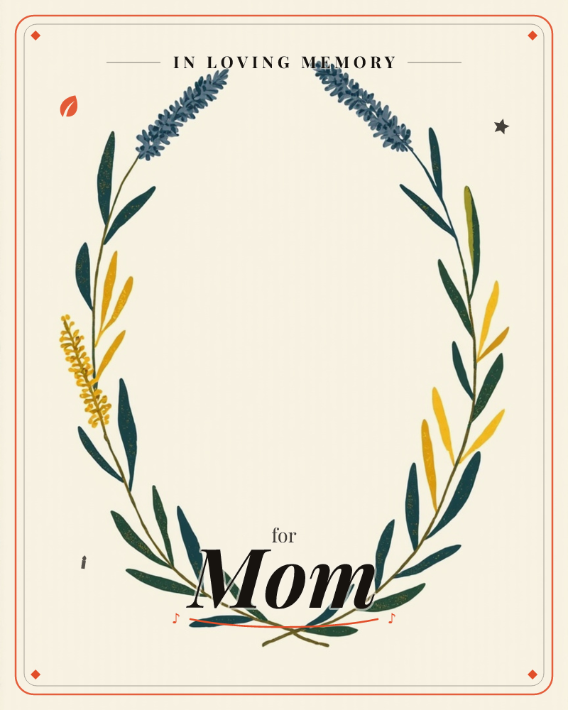 An oval wreath of dark green leaves curves around an empty cream centre, its stems tipped with sprigs of blue-grey lavender at the top and…, a memory e-card design