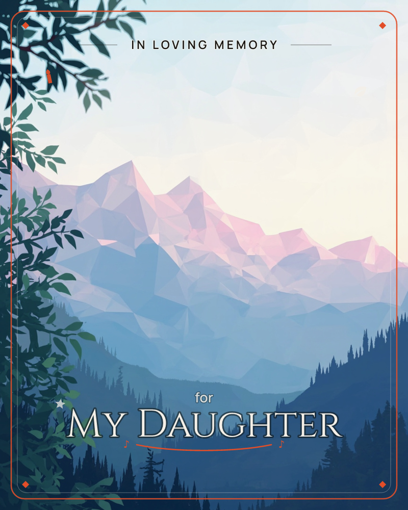 A low-poly mountain range catches early light in facets of pink and lavender, rising above a hazy blue valley dark with pine silhouettes, a memory e-card design