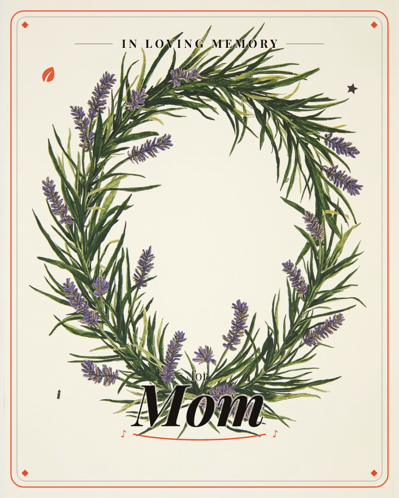 A rounded wreath of lavender sprigs and long green leaves circles an empty cream centre, painted with soft botanical detail, a memory e-card design