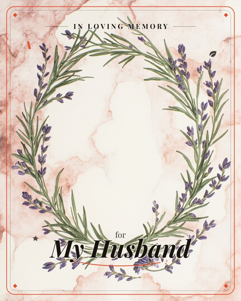 A wreath of slender lavender sprigs, their purple buds dotted along thin green stems, forms an open oval frame on a marbled cream and terracotta…, a memory e-card design