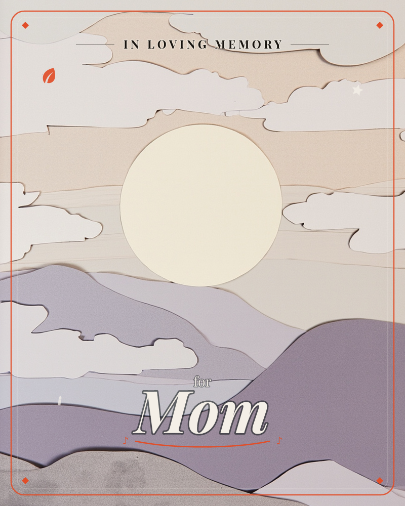 A layered paper-cut landscape shows a pale cream moon rising behind soft cloud shapes, with rolling lavender-grey hills stacked beneath a banded sky of…, a memory e-card design
