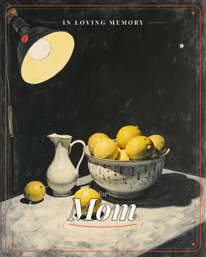 A single lamp casts a warm pool of light over a still-life table: a small white pitcher and a speckled ceramic bowl heaped with lemons, two more lemons…, a memory e-card design