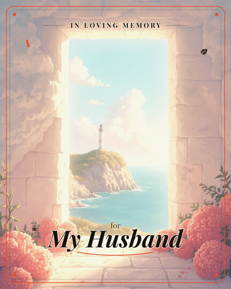 A sunlit stone archway frames a view of a cliffside lighthouse standing above a bright turquoise sea, with soft clouds drifting across a pale sky, a memory e-card design