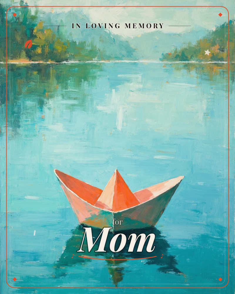 A small orange paper boat floats alone on a wide, glassy lake, its point reflected in the still water below, a memory e-card design