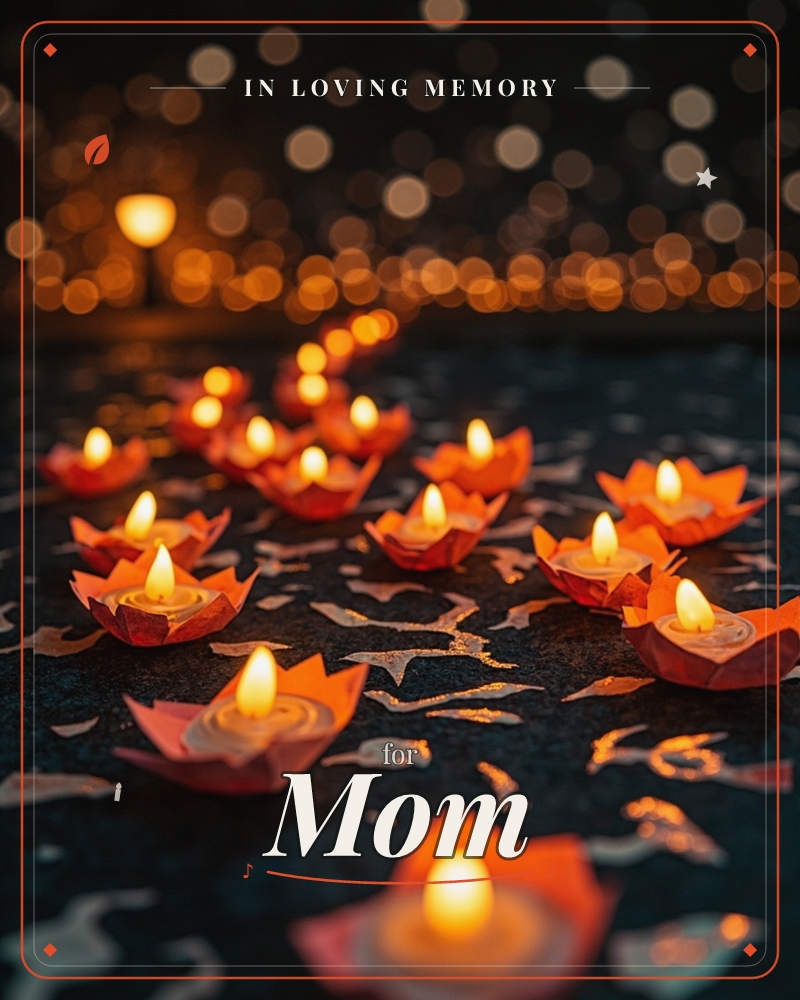 A dark ground is scattered with small lotus-shaped diyas, each cradling a flickering flame, their orange glow scattered across gold flecks on the surface, a memory e-card design