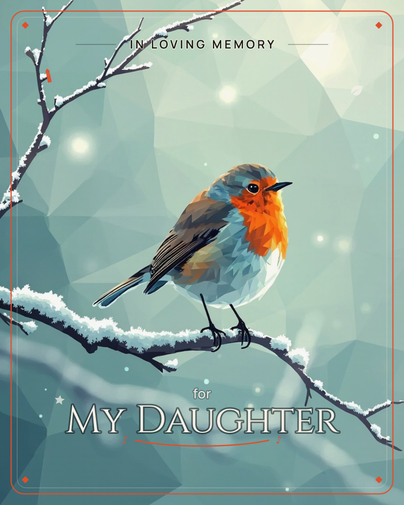 A robin with a bright orange breast perches on a snow-dusted branch, rendered in faceted low-poly shapes against a cool teal winter sky, a memory e-card design