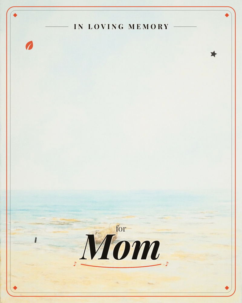 A wide, hazy watercolour of a beach at low tide, with a single pale rock or shell resting on the wet sand near the water's edge, a memory e-card design