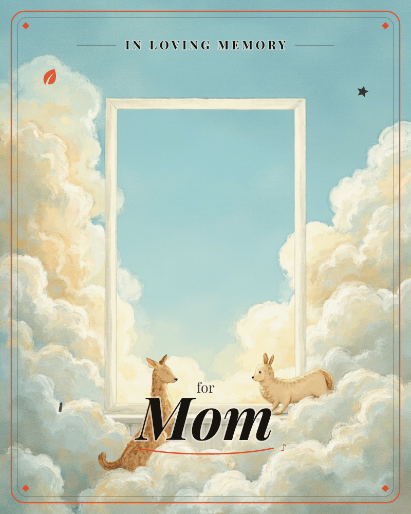 A soft blue sky is banked with billowing golden-lit clouds, and an empty white picture frame stands upright among them like a window to nowhere, a memory e-card design