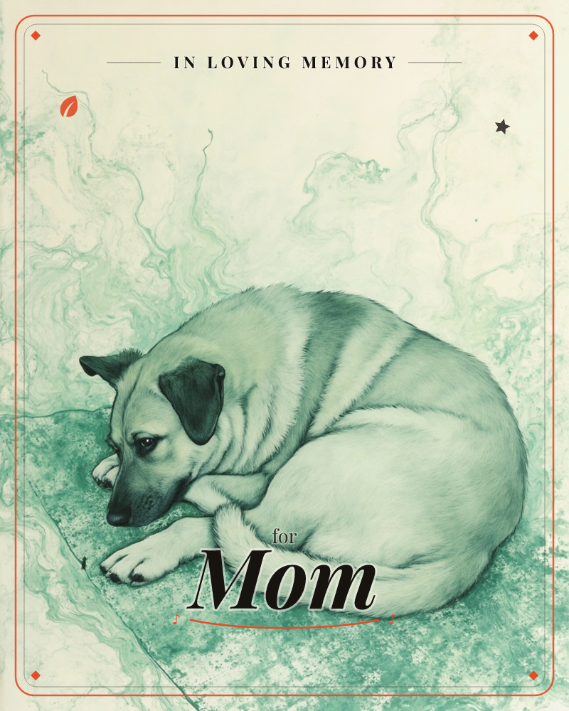 A dog curls into a tight ball on a patch of ground, chin resting on its own paw, eyes half open and watchful, a memory e-card design