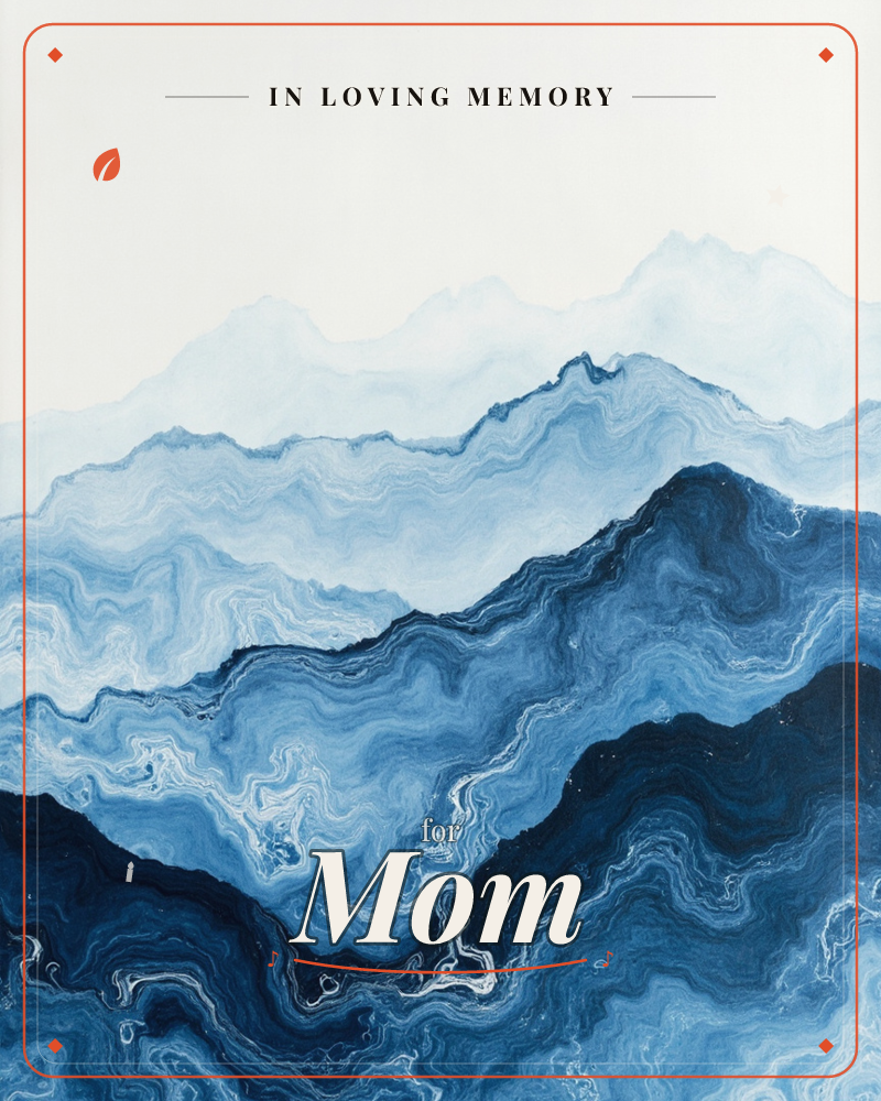 Layered mountain ridges are rendered as swirling, marbled bands of blue, darkest and most turbulent at the bottom and fading to pale mist near the top, a memory e-card design