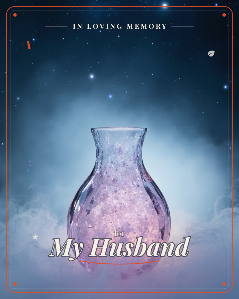 A round-bellied glass vase, its base tinted dusty mauve and flecked with gold, stands alone against a deep starry night sky, a memory e-card design