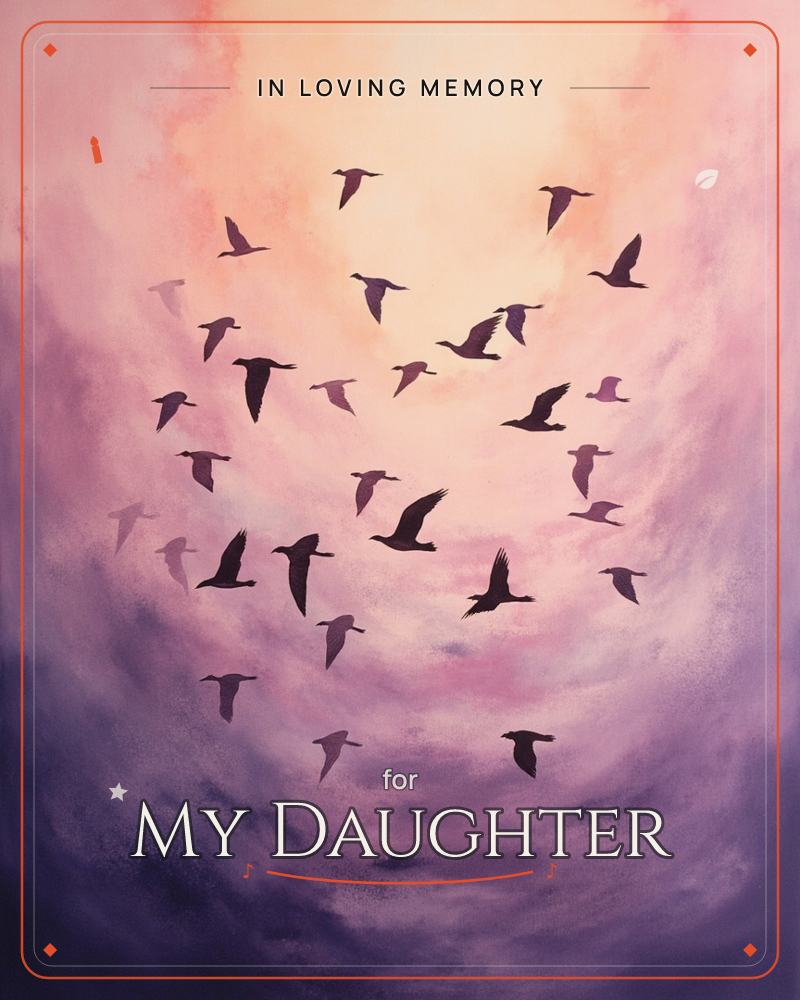A flock of birds rises together across a glowing sky washed in pink, peach and mauve, their dark silhouettes scattered against soft clouds, a memory e-card design