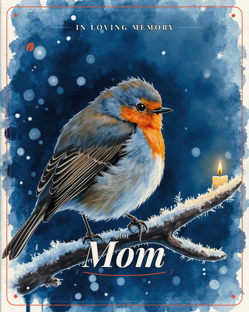 A plump robin with a bright orange breast perches on a frost-dusted branch against a deep midnight-blue sky, snowflakes drifting around it, a memory e-card design