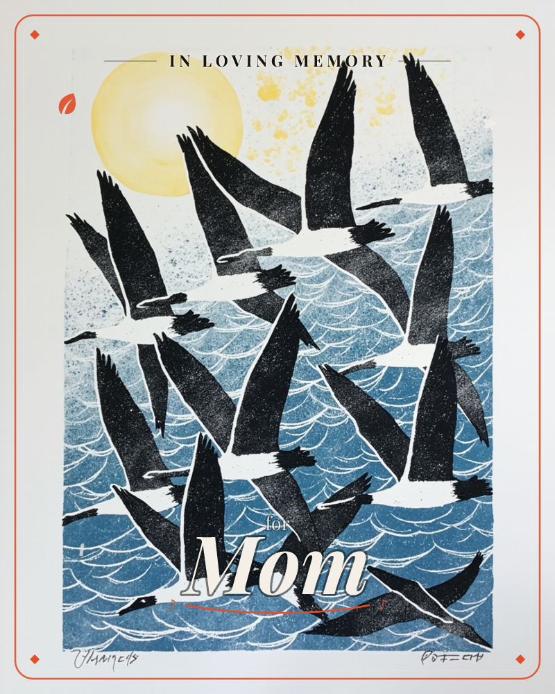 A flock of geese sweeps in tight formation across a pale golden sun, their black wings angled sharply against a scalloped sea of deep blues, a memory e-card design
