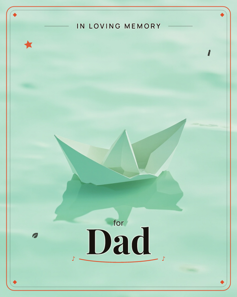 A small paper boat, folded from pale mint-toned paper, floats alone on a calm expanse of soft green water, a memory e-card design