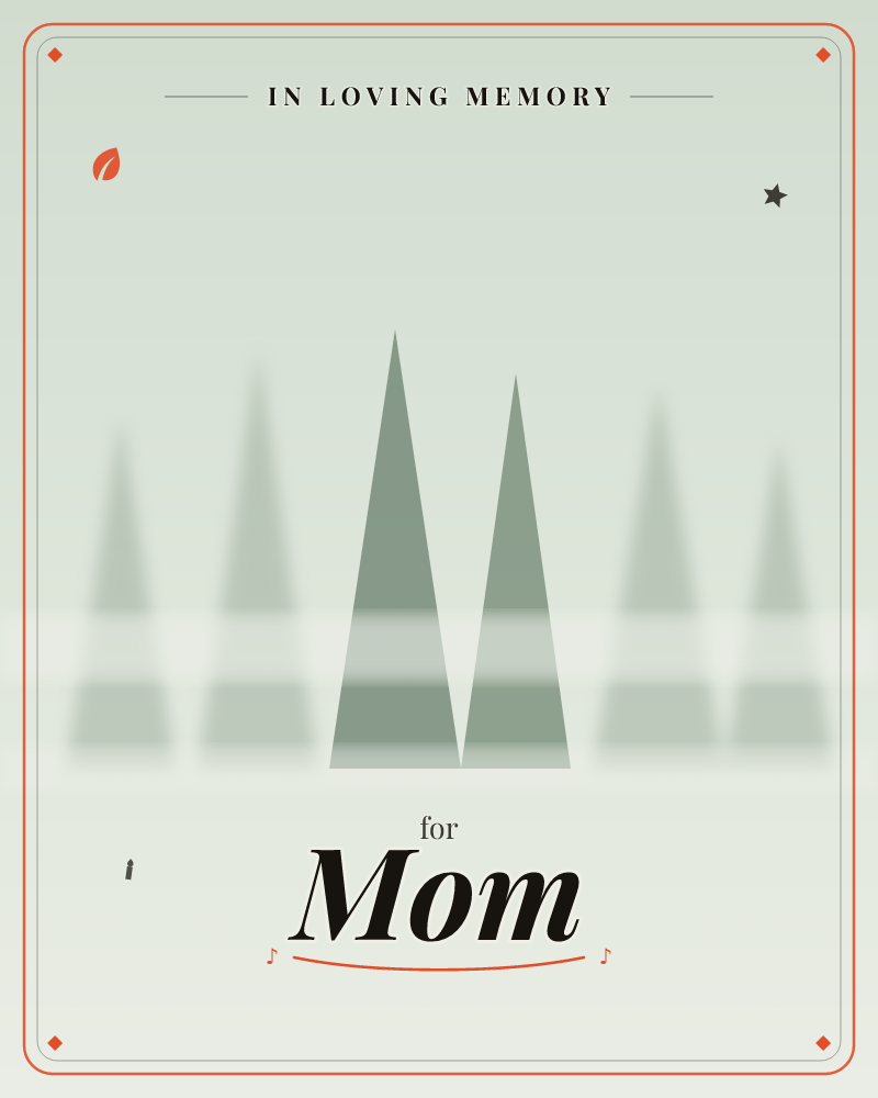 A row of triangular fir trees stands in soft focus, with two sharp sage-green trees in the centre standing clear against a hazy, pale backdrop of…, a memory e-card design by @DittyCityTeam