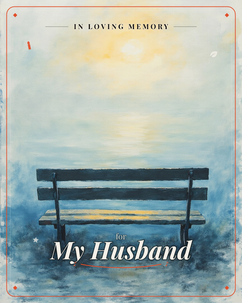 An empty wooden bench faces a hazy horizon where a pale sun glows through misty blue-grey air, a memory e-card design