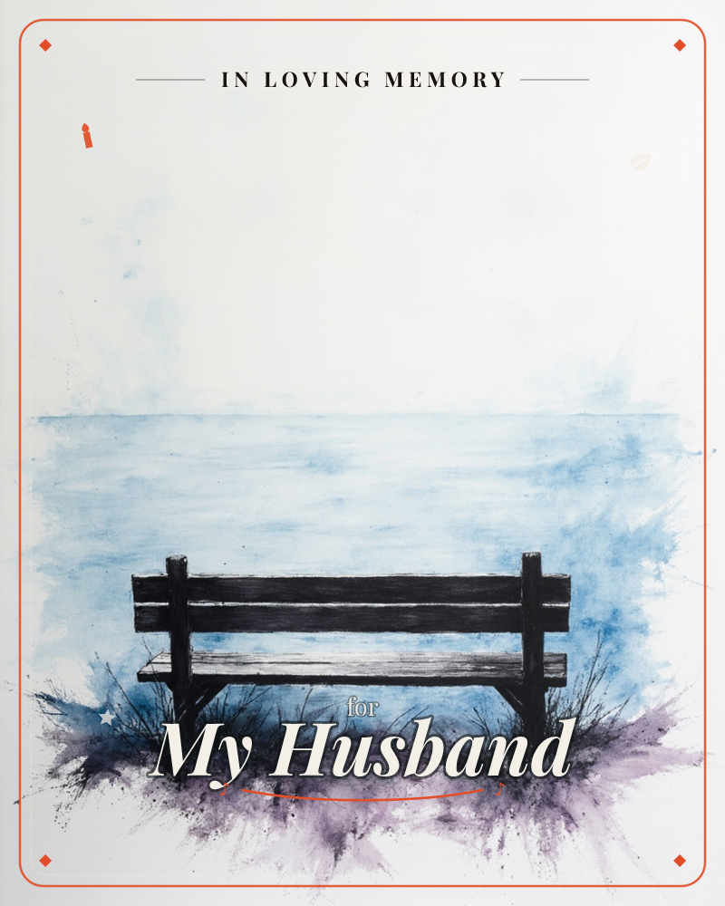 An empty wooden bench sits facing a hazy blue horizon where sea meets sky, rendered in soft washes of watercolour that fade to white at the edges, a memory e-card design