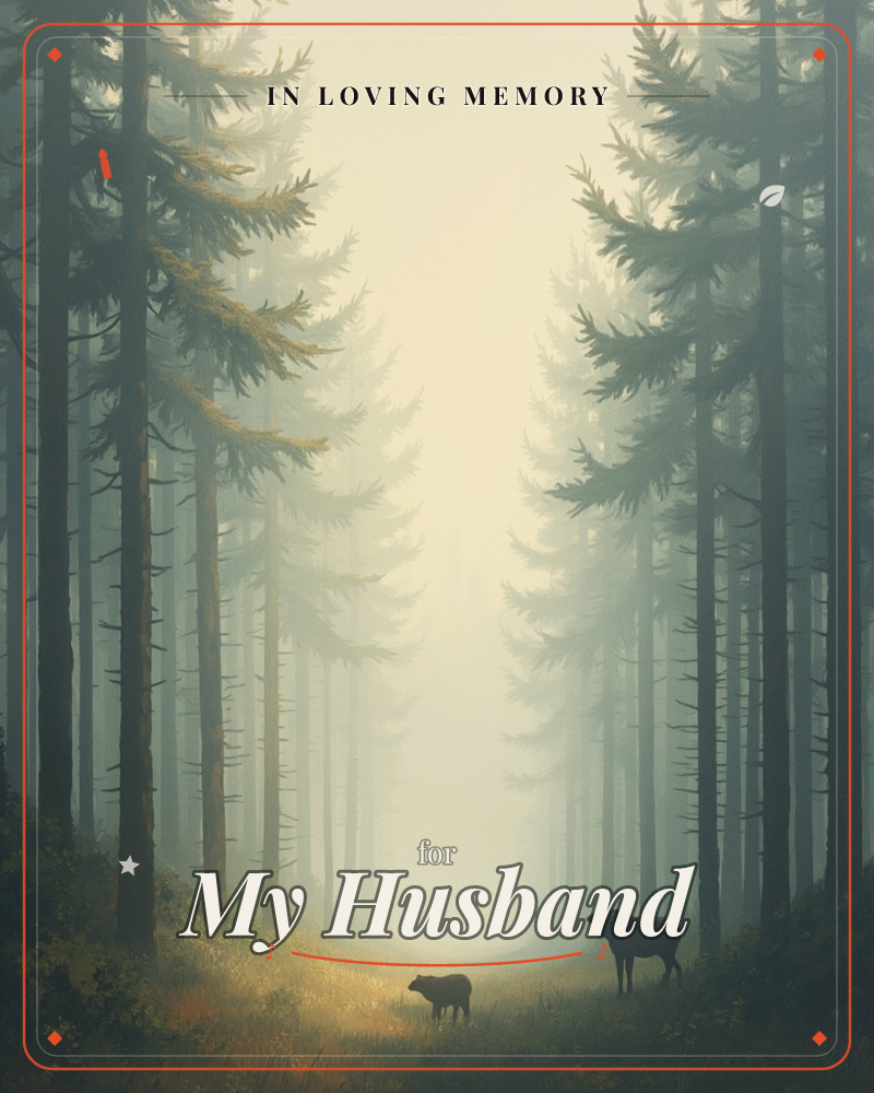 A misty pine forest opens onto a soft clearing where two sheep silhouettes stand among tall, fog-shrouded trees, a memory e-card design