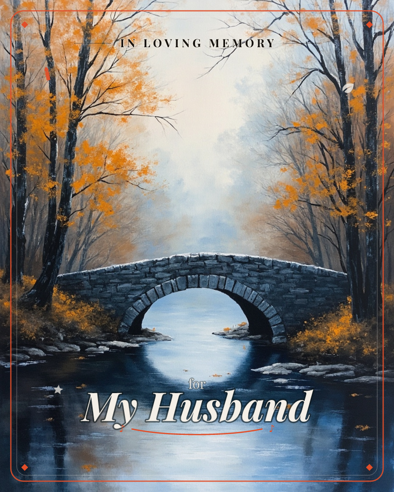 An old stone arch bridge spans a still, dark river deep in an autumn wood, its reflection sitting perfectly in the calm water below, a memory e-card design