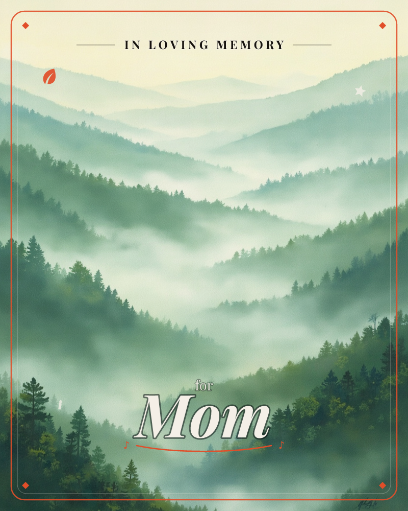 Layered forested ridgelines fade into pale mist under a soft cream sky, with mountain folds receding into the distance, a memory e-card design