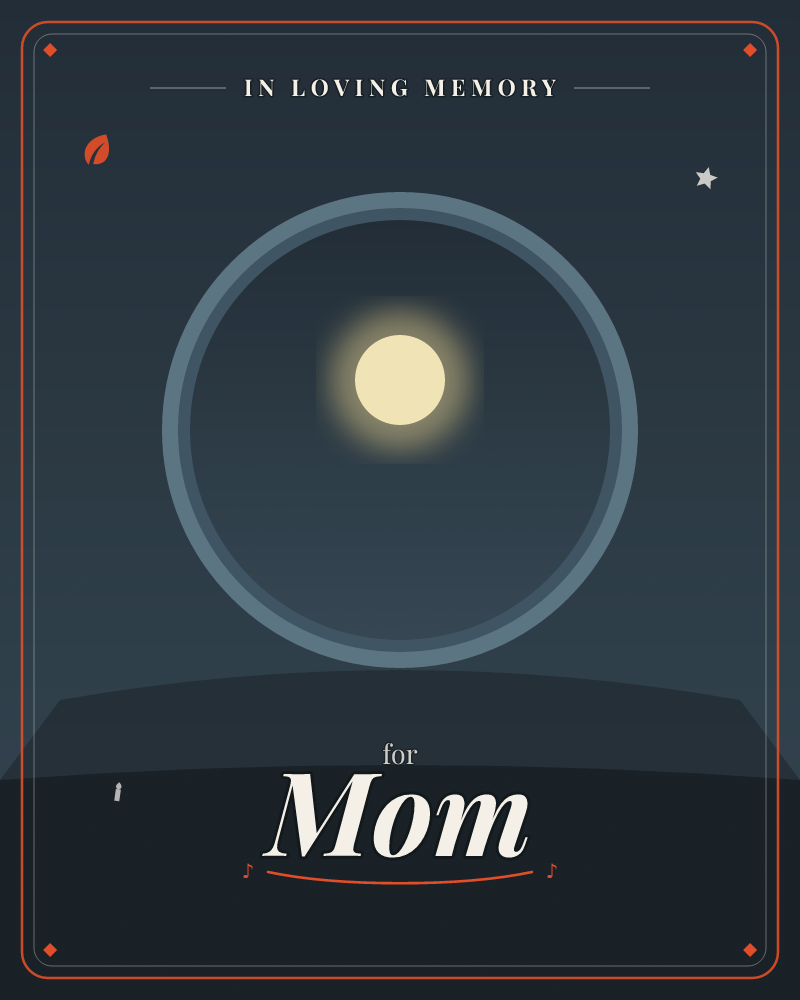 A glowing full moon sits centered inside a large pale ring, like a halo suspended over a dark rolling hill, a memory e-card design by @DittyCityTeam