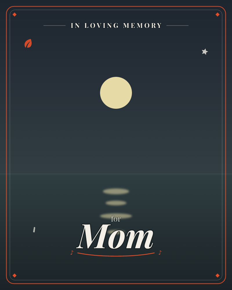 A pale full moon hangs low in a deep navy night sky above a still, dark sea, a memory e-card design by @DittyCityTeam