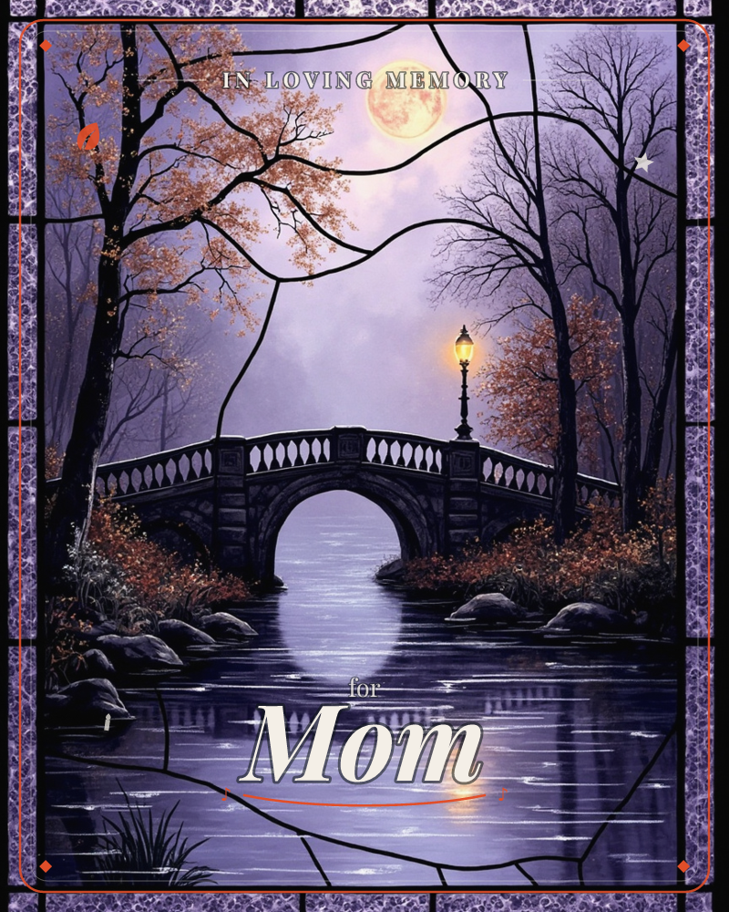 A stone footbridge arcs over a still river beneath a hazy full moon, its single lamp glowing against the twilight mist, a memory e-card design