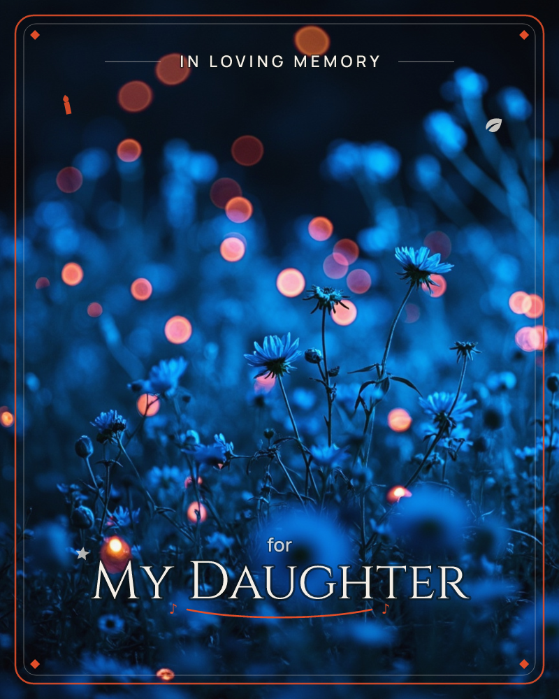 A meadow of small daisy-like flowers glows deep blue in near darkness, their petals lit as if by moonlight, a memory e-card design