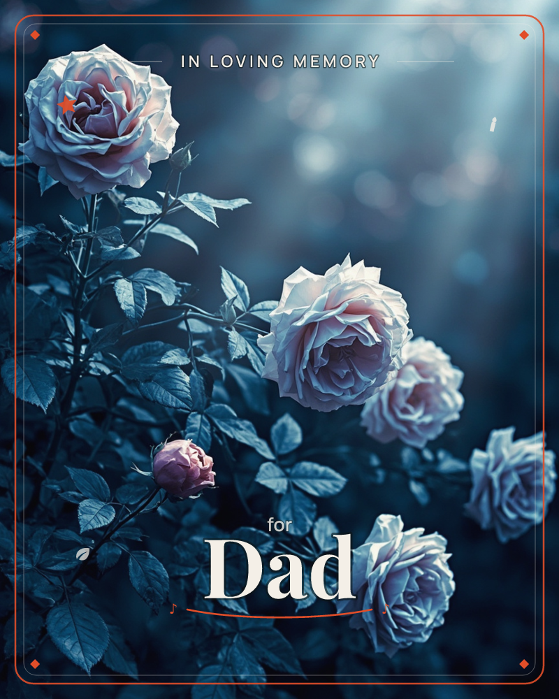 A cluster of full-blown roses and one tight bud climb across a dark, moody garden backdrop, their petals blushed pink but cooled almost silver-blue by…, a memory e-card design