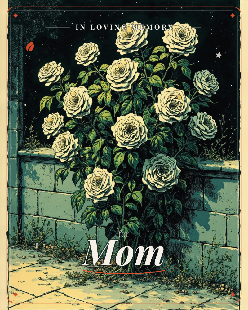 A cluster of pale roses climbs against an old stone wall under a night sky scattered with faint stars, a memory e-card design
