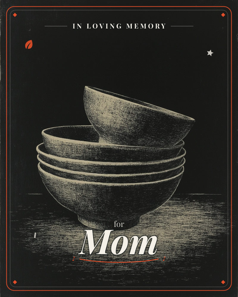A stack of simple bowls sits on a dark tabletop, one tilted at an angle atop the others, all rendered in fine scratched white lines against a…, a memory e-card design