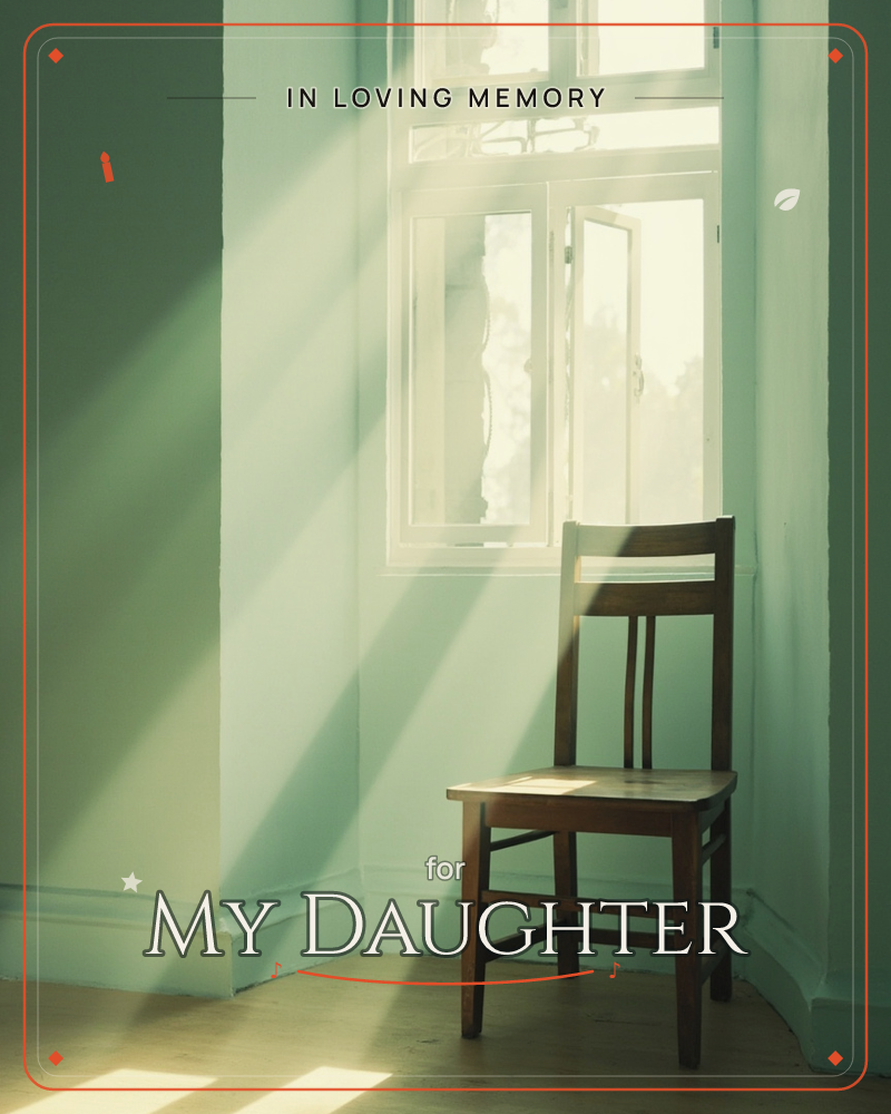 A single wooden chair sits empty in the corner of a pale green room, catching the sunlight that streams through an open window in bright diagonal beams, a memory e-card design