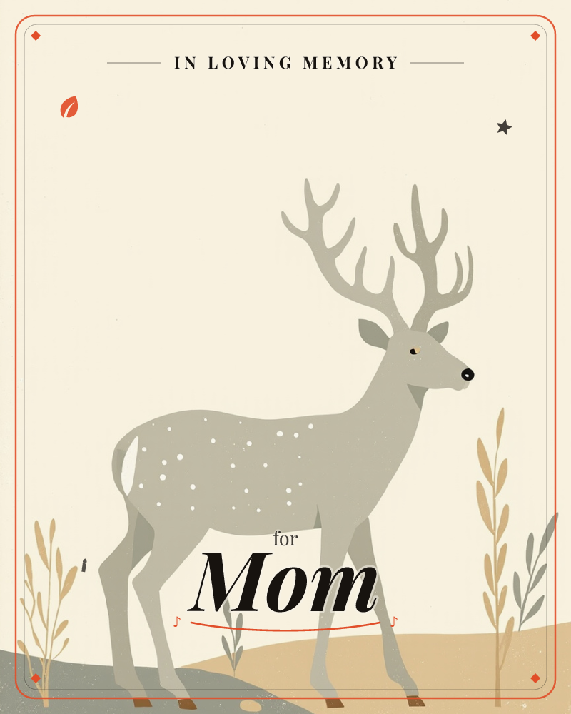 A pale speckled deer stands in profile against a soft cream background, its tall branching antlers reaching upward, a memory e-card design