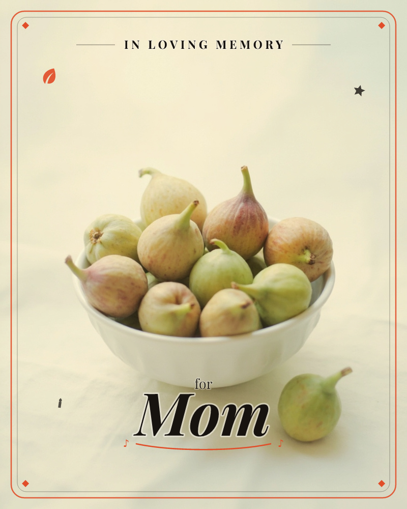A white ridged bowl is piled high with fresh green and blushed figs, one fig having tumbled out to rest beside it on the pale linen cloth, a memory e-card design