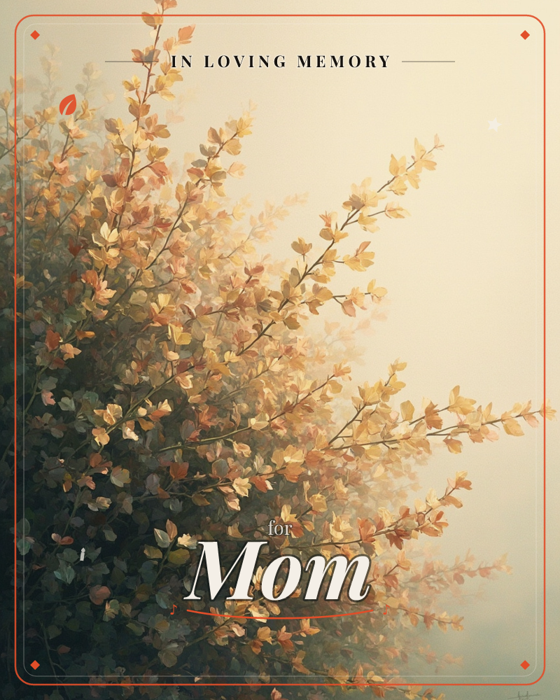 A sunlit shrub of autumn leaves fills the lower left corner, its slender branches reaching upward into a pale, hazy sky, a memory e-card design