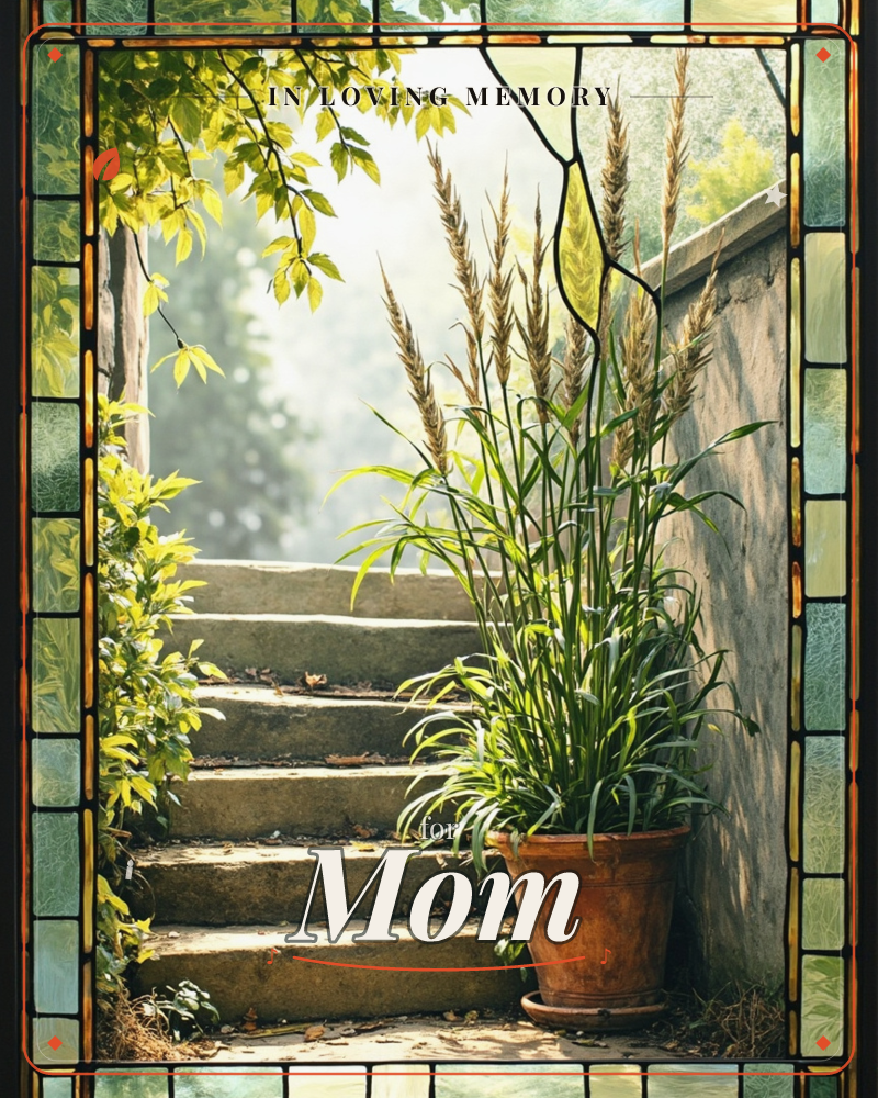 A stained-glass window frames a quiet garden stairway, worn stone steps climbing between a leafy wall and a terracotta pot of tall ornamental grasses, a memory e-card design