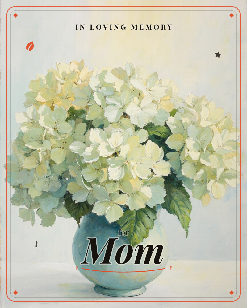 A round pale blue vase holds a single full head of hydrangea blooms in cream and soft green, with a few broad leaves tucked among the petals, a memory e-card design