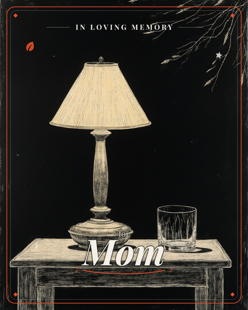 A glowing table lamp with a pleated shade stands beside a cut-glass tumbler on a wooden side table, the whole scene rendered in fine scratchboard lines…, a memory e-card design