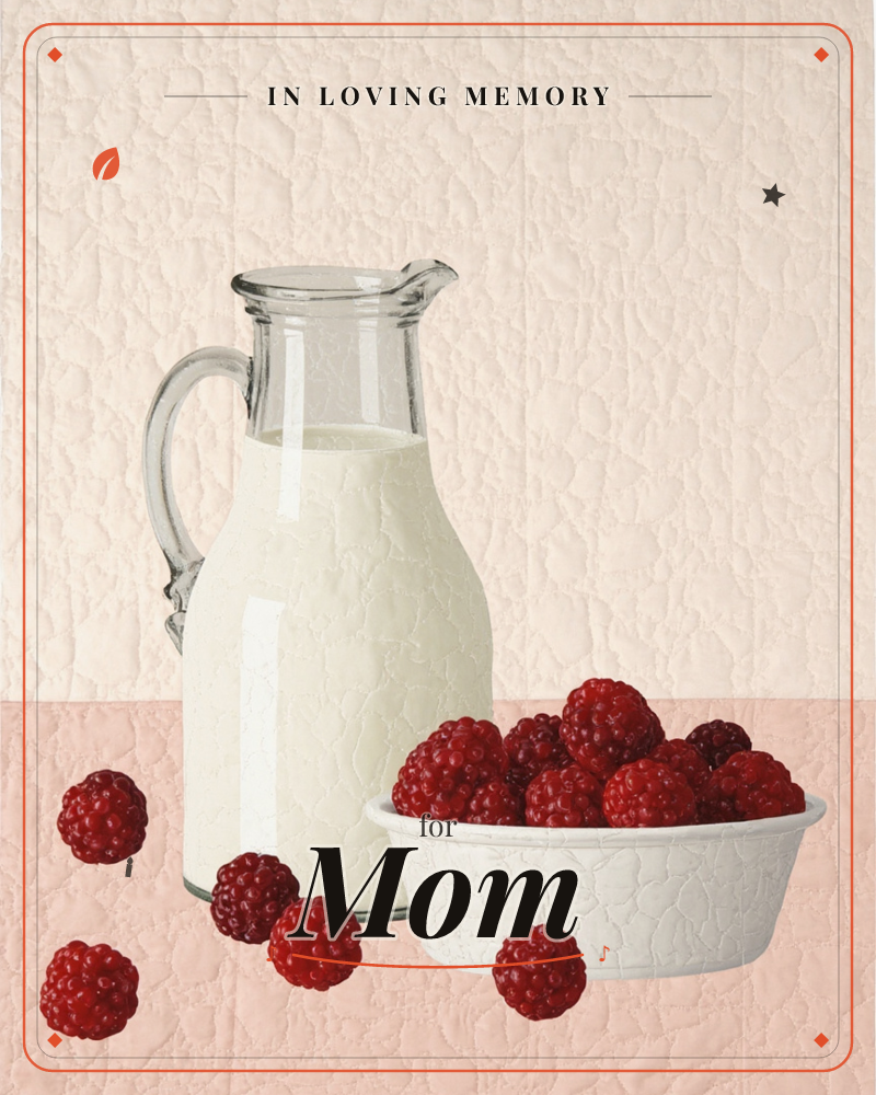 A glass pitcher of milk stands beside a white bowl heaped with fresh raspberries, a few loose berries scattered across the pale pink tablecloth, a memory e-card design