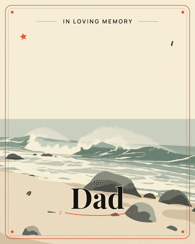 A wide sandy beach stretches toward a line of teal waves breaking in foamy white curls, scattered dark rocks half-buried in the sand and surf, a memory e-card design