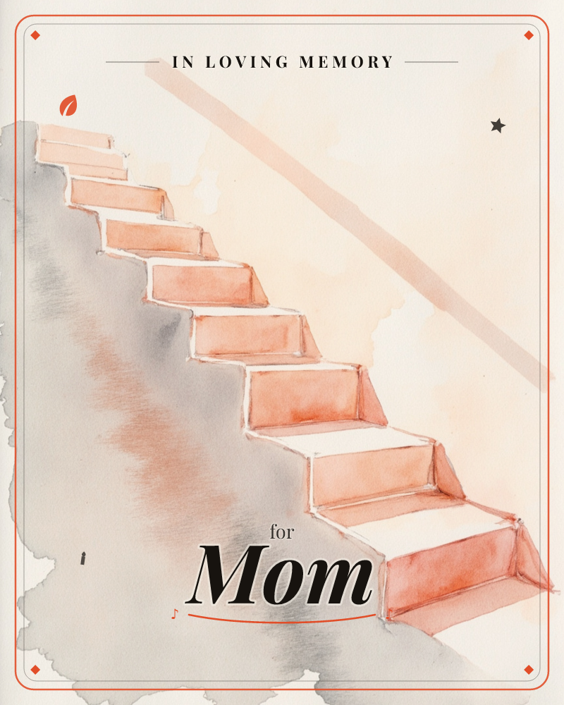 A watercolour staircase climbs diagonally across the page in warm terracotta and peach tones, its diagonal handrail sketched loosely above in a soft…, a memory e-card design